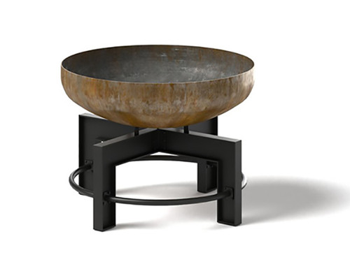 The Lowell outdoor wood burning fire pit a modern industrial design: 36" steel bowl natural rust steel and base in the powder coated black.
