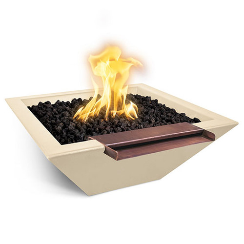 Maya Concrete Wide Spill Fire and Water Bowl: As shown in the Vanilla GFRC finish with the wide spill copper spillway.