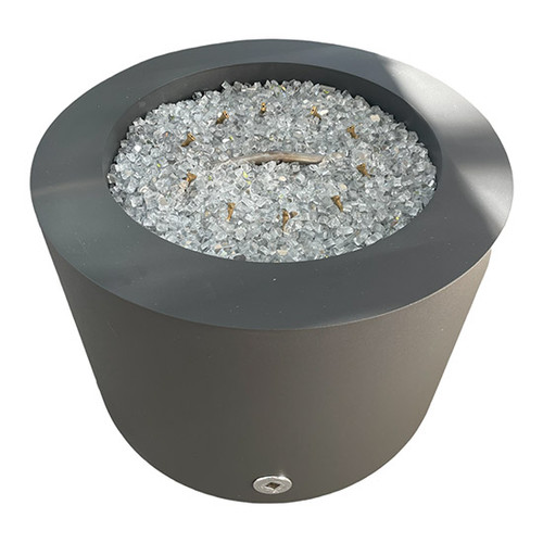 The Coeval Round Aluminum Gas Fire Pit: As shown in the 25 inch diameter with the The Outdoor Plus Bullet Brass Burner. Powder Coated Charcoal Gray.