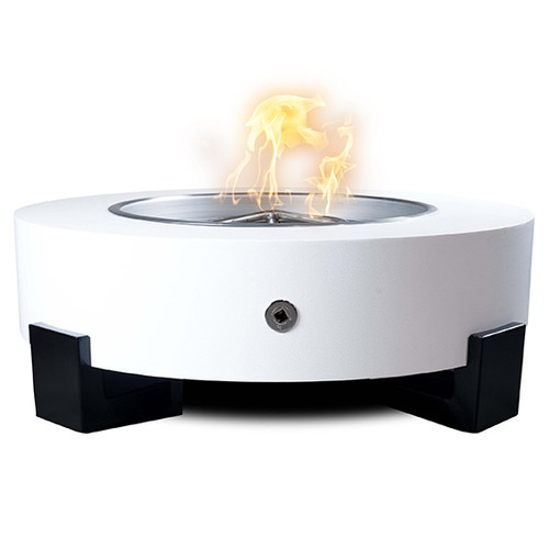 The Outdoor Plus Hollister Gas Fire Pit, Galvanized Steel Construction. Picture Shows The White Powder Coated Top With Black Powder Coated Legs.