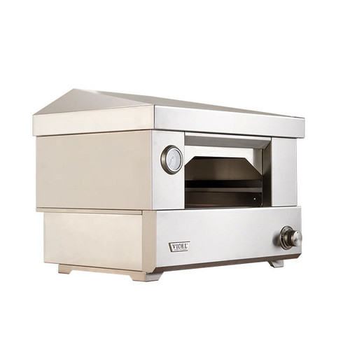 The Outdoor Plus 30 Inch Countertop Videl USA Pizza Oven, stainless steel outdoor pizza oven with control knob and temperature dial.