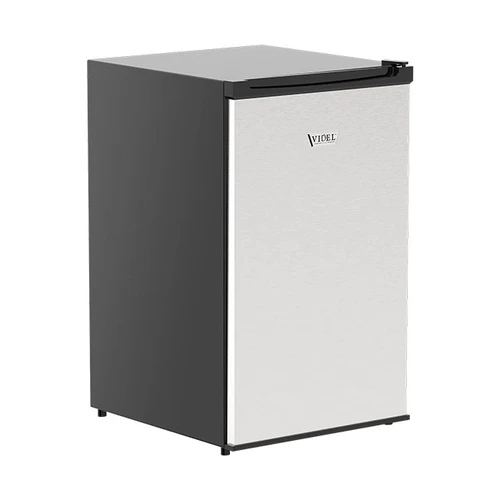 The Outdoor Plus Videl USA Compact Outdoor Refrigerator, compact stainless steel outdoor refrigerator with black top handle and modern design.