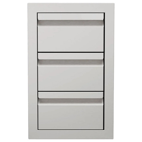The Outdoor Plus Videl USA Triple Access Drawer, gray outdoor storage unit with three pull-out drawers for convenient outdoor storage.