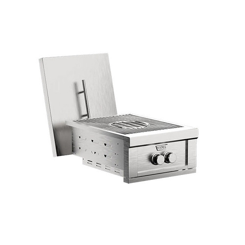 The Outdoor Plus Videl USA Power Burner, stainless steel outdoor cooking appliance with control knobs and a large cooking surface.