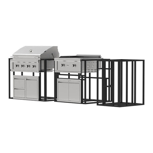 The Outdoor Plus Videl USA Grill Signature Collection 3 BBQ Island Kit, stainless steel grill with black metal frame and storage cabinets.