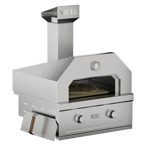 The Outdoor Plus Videl Outdoor Oven, 30-inch pizza oven with stainless steel construction, manual controls, and temperature gauge designed for outdoor pizza baking.