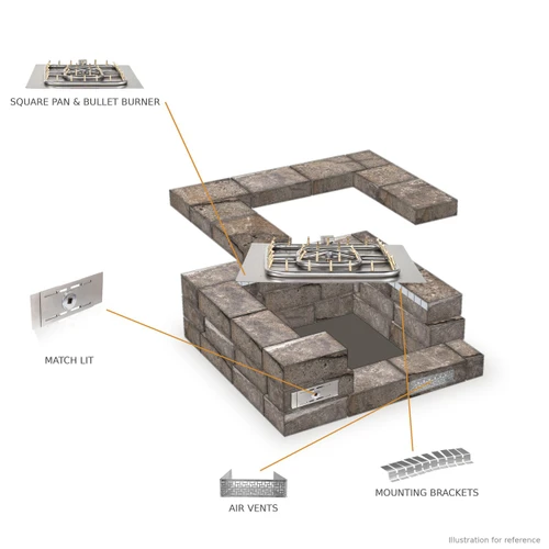 Exploded view of The Outdoor Plus square paver fire pit kit showing the stainless steel pan and bullet burner, Match Lit key valve, air vents, and mounting brackets installed in a paver fire pit.