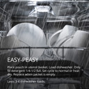 Dishes being cleaned inside a running dishwasher with CitraCharge pack usage instructions overlaid on image