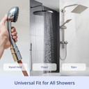 Three panel image showing a hand held shower head fixed shower head and rain shower head with text universal fit