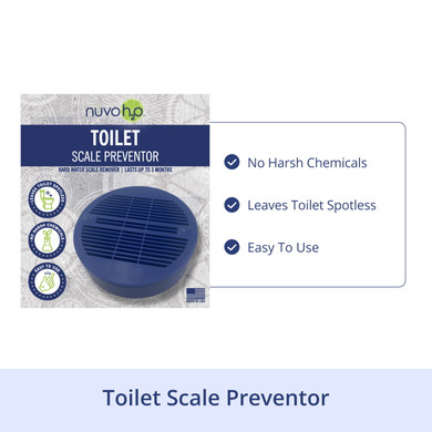 Before and after comparison of a stained toilet bowl showing dramatic scale removal next to a blue cleaning puck