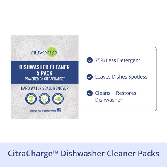 NuvoH2O Dishwasher Scale Preventor product and packaging showing no harsh chemicals, leaves dishwasher spotless, easy to use