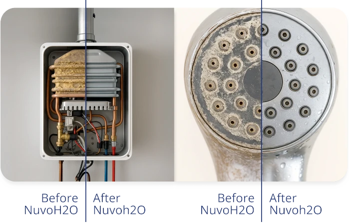 shower head and tankless water heater before and after using NuvoH2O system