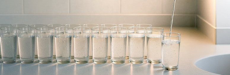 row of water glasses