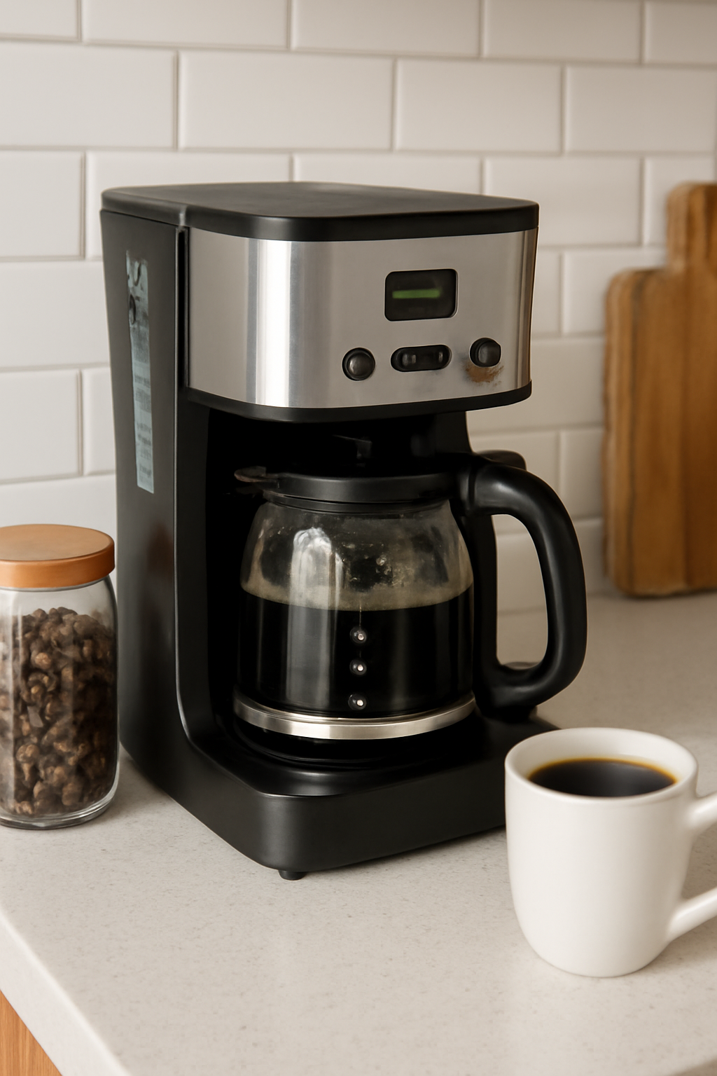Drip coffee maker brewing into a glass carafe beside coffee beans on a light kitchen countertop