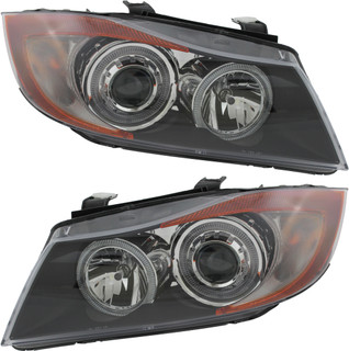 2006 BMW 330i Headlight Set Halogen Black Housing Pair Driver and Passenger Side