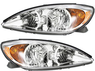 2002-2004 Toyota Camry LE/XLE Headlights Driver Left and Passenger Right Side Halogen Chrome Trim