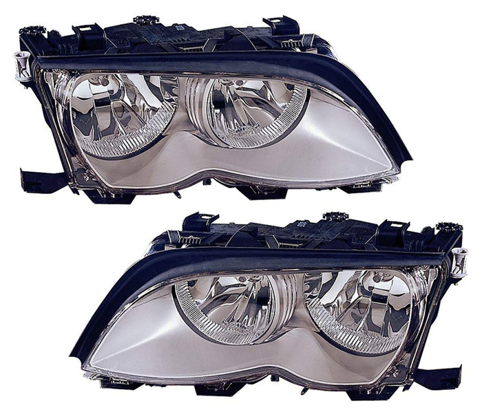 2002-2005 BMW 3 Series Headlights Driver Left and Passenger Right Side Halogen Chrome Trim