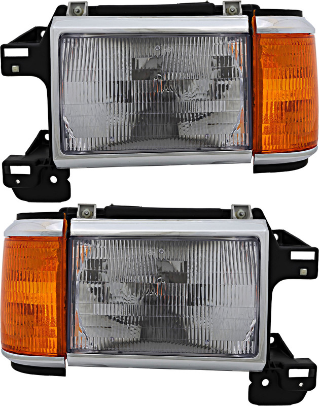 1987-1991 Ford Bronco Headlights Driver Left and Passenger Right Side Halogen With Chrome & Black Trim
