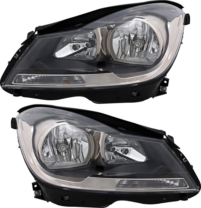 2012-2015 Mercedes Benz C Class Coupe Headlights Driver Left and Passenger Right Side Halogen Black Trim