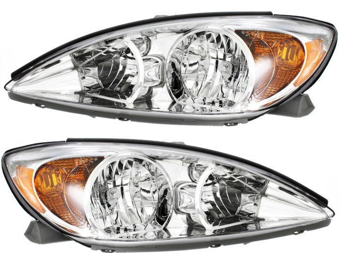 2002-2004 Toyota Camry LE/XLE Headlights Driver Left and Passenger Right Side Halogen Chrome Trim