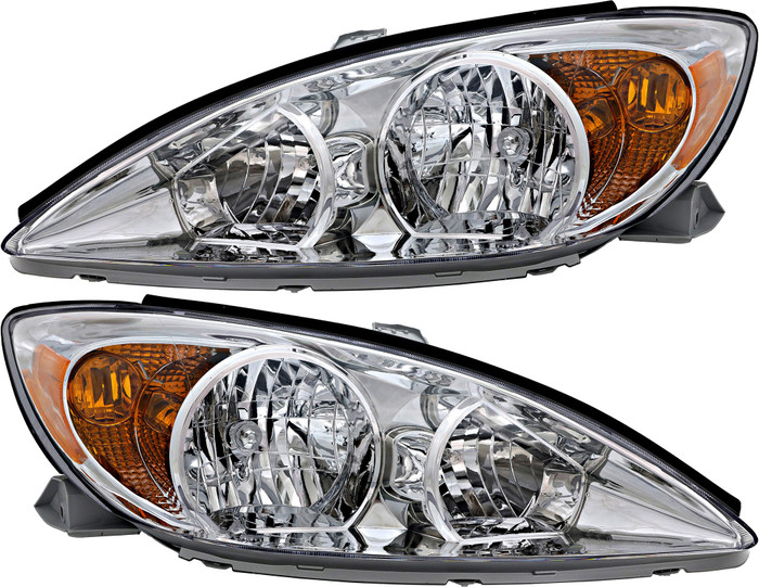 2002-2004 Toyota Camry LE/XLE Headlights Driver Left and Passenger Right Side Halogen Chrome Trim