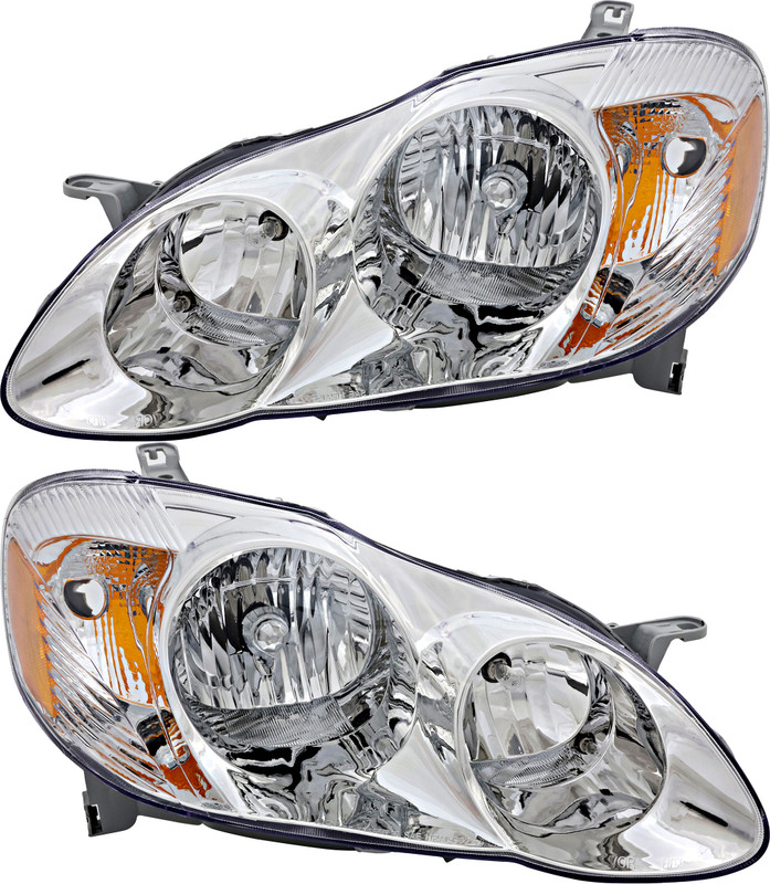 2003-2004 Toyota Corolla CE/LE Headlights Driver Left and Passenger Right Side Halogen Chrome Trim