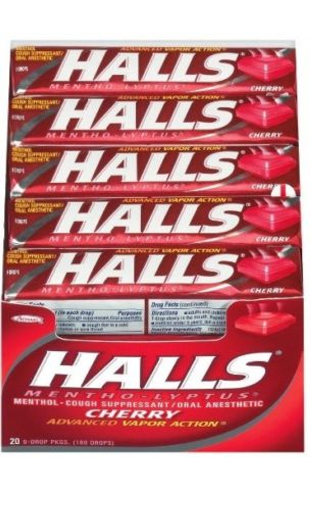 HALLS Base Cherry Menthol Cough Suppressant Drops Sticks 20 counts