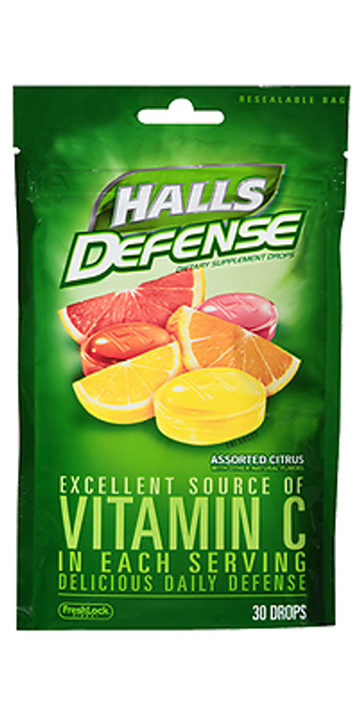 Halls Defense vitamina C frutas cítricas variadas 30 contagens