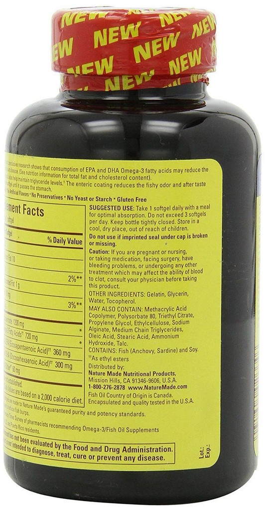 Nature Made Fish Oil Burp-Less 1200mg OMEGA-3 720 mg One Per Day 120 Counts