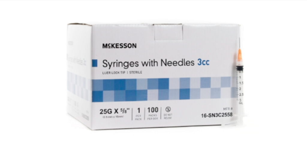 Syringe with Hypodermic Needle McKesson 3 mL 25 Gauge 5/8 Inch Detachable Needle Without Safety