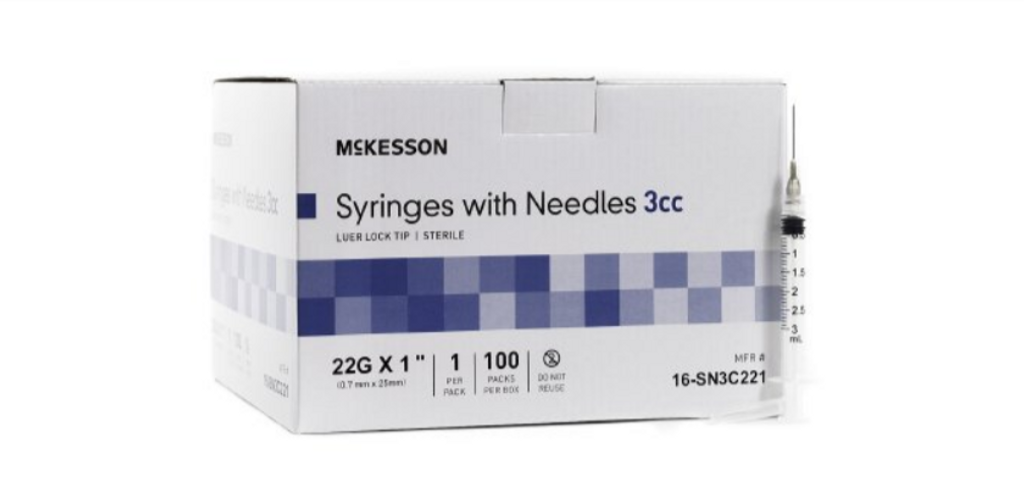 Syringe with Hypodermic Needle McKesson 3 mL 22 Gauge 1 Inch Detachable Needle Without Safety
