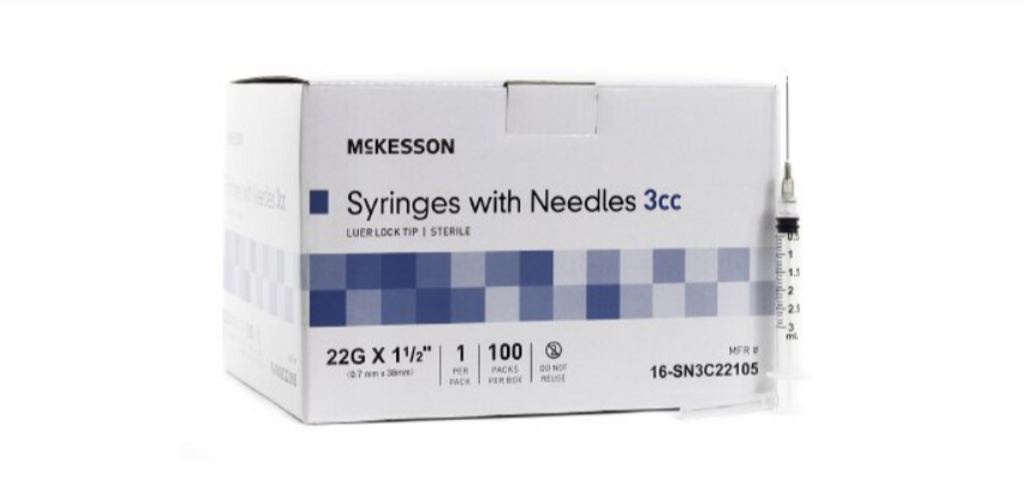 Syringe with Hypodermic Needle McKesson 3 mL 22 Gauge 1-1/2 Inch Detachable Needle Without Safety
