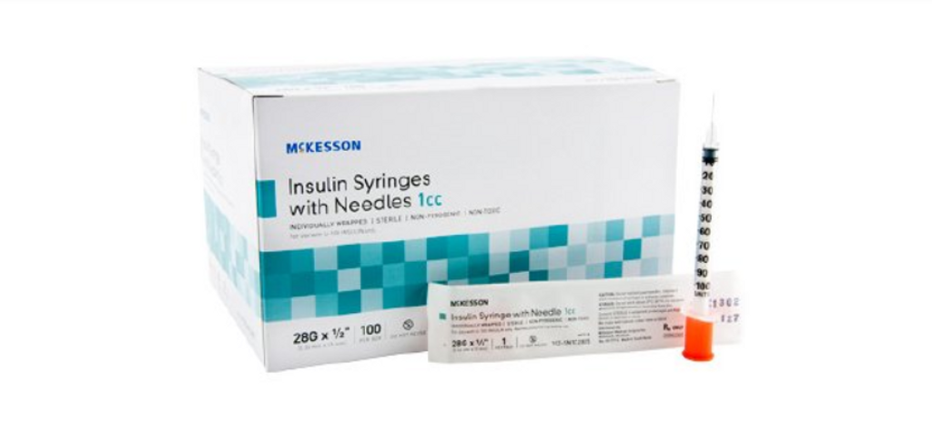 Insulin Syringe with Needle McKesson 1 mL 28 Gauge 1/2 Inch Attached Needle Without Safety