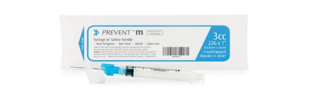Syringe with Hypodermic Needle McKesson Prevent® M 3 mL 23 Gauge 1 Inch Detachable Needle Sliding Safety Needle