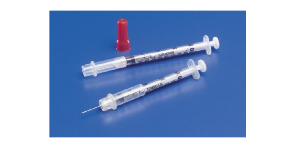 Tuberculin Syringe with Needle Monoject 1 mL 28 Gauge 1/2 Inch Attached Needle Sliding Safety Needle