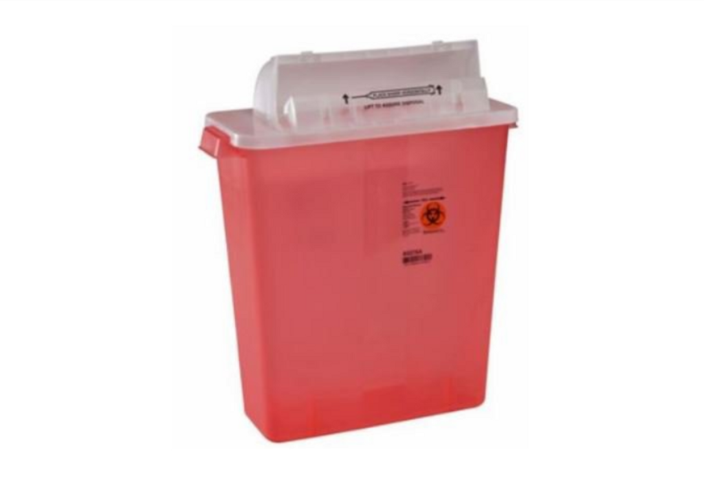 SharpStar In-Room Multi-purpose Sharps Container 1-Piece 16.5H X 13.75W X 6D Inch 12 Quart Translucent Red Base Horizontal Entry Lid