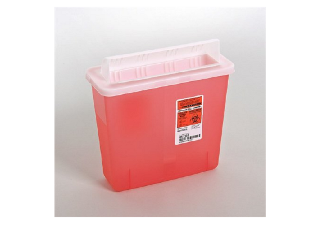 Cardinal In-Room Multi-purpose Sharps Container 1-Piece 11H X 10.75W X 4.75D Inch 5 Quart Translucent Red Base Horizontal Entry Lid