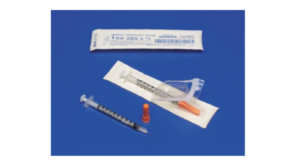 Jeringa de insulina Monoject con aguja, 1 ml, calibre 29, aguja adjunta de 1/2 pulgada, sin caja de seguridad de 100