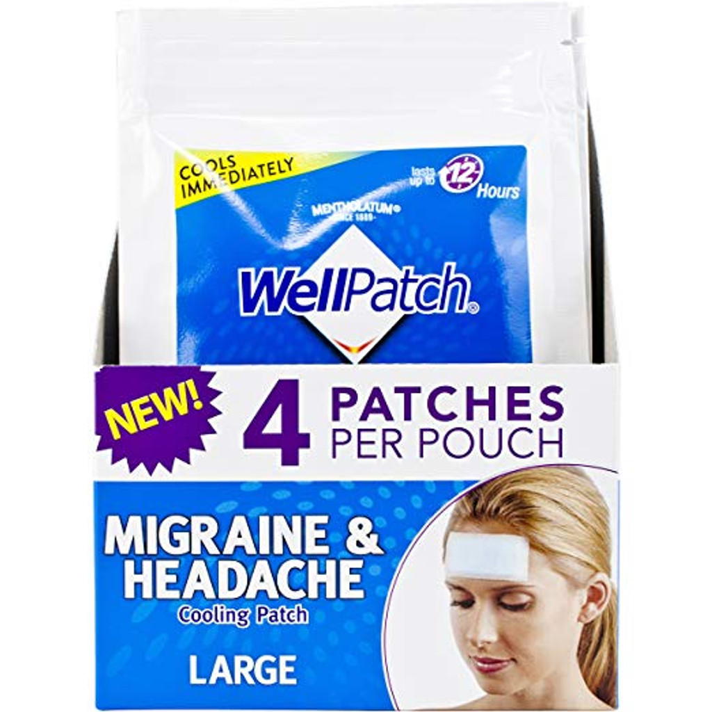 WellPatch Parche refrescante para migraña y dolor de cabeza, sin medicamentos, dura hasta 12 horas, seguro de usar con medicamentos, parches grandes (4 parches grandes), cada uno de 4,3 x 2 pulgadas
