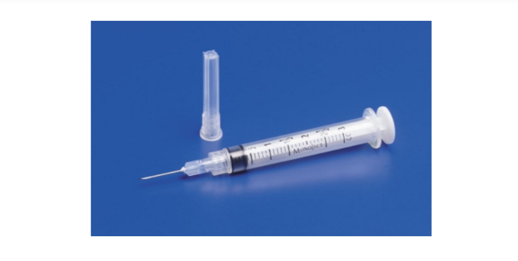 Monoject Syringe with Hypodermic Needle 3 mL 25 Gauge 1 Inch Detachable Needle Without Safety Boz of 100