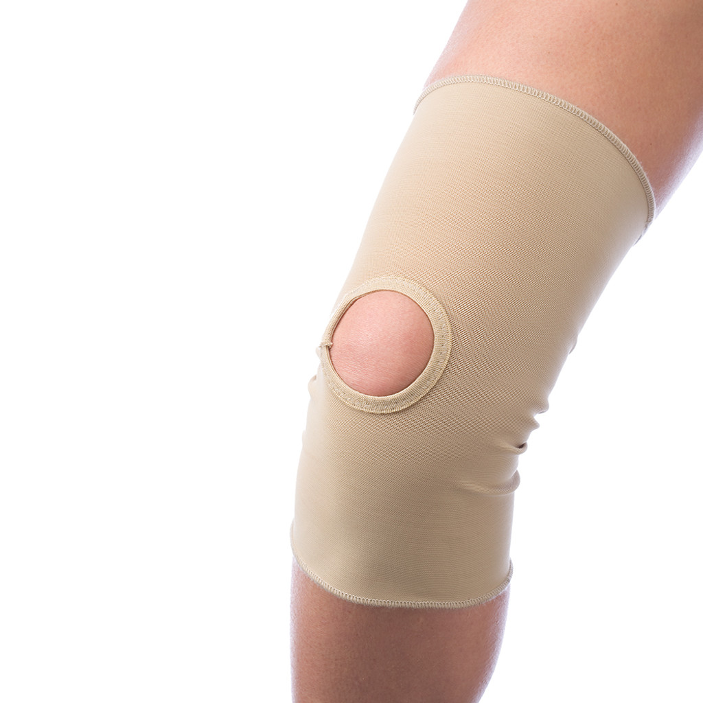 Body sport slip på knæ kompressions ærme med åben patella og stag, lille, beige