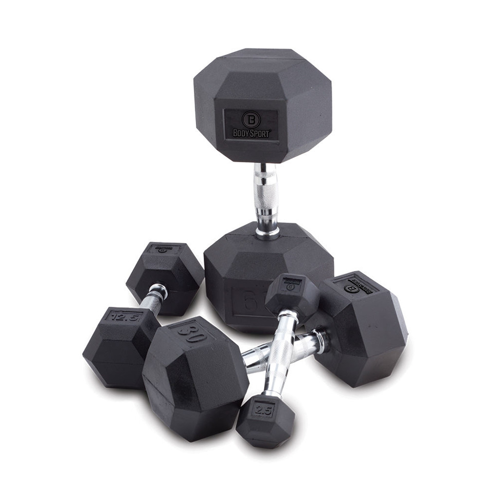 BODY SPORT RUBBER ENCASED HEX DUMBBELL, 45 LBS.
