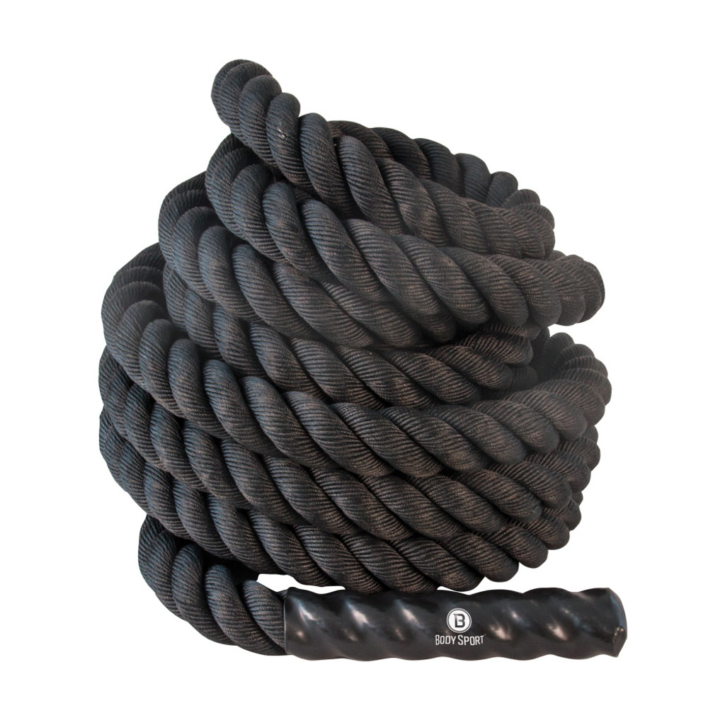 Corde d'entraînement pour sports corporels, 30' de long, 1,5" de diamètre, corde en polypropylène noir avec poignée noire
