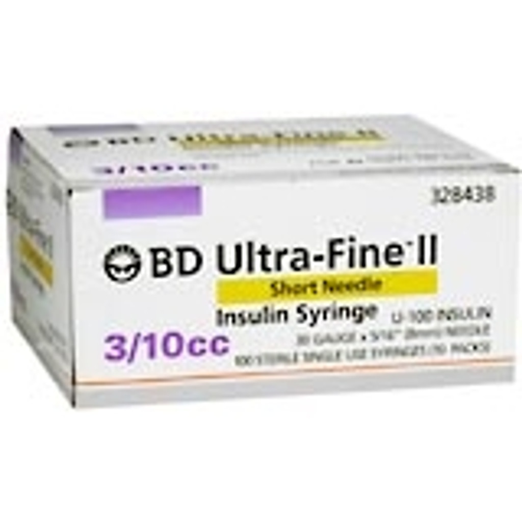 Seringue à insuline BD Ultrafine II U-100, calibre 31, 3/10 cc, aiguille courte de 5/16 pouces, marquage 1/2 unité, 100/boîte (328440)