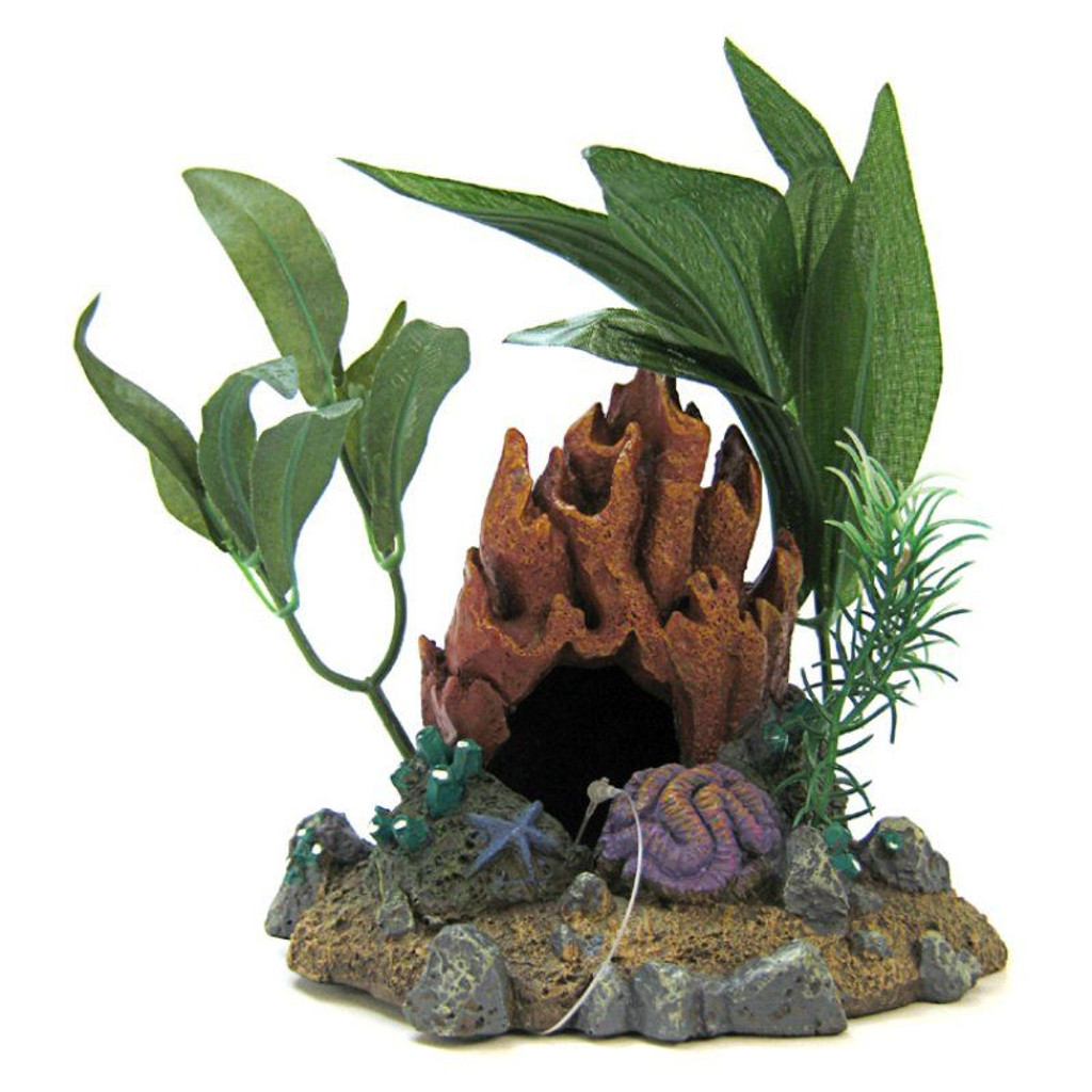 Ornement en résine à ruban bleu, grotte de corail de feu avec plantes, 5 "L x 4,5" l x 4,5 "H
