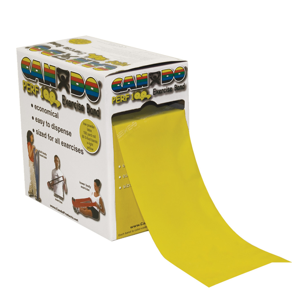CANDO EXERCISE BAND, LOW POWDER, EXTRA LIGHT, YELLOW, PERFORATED, 100 YARDS
