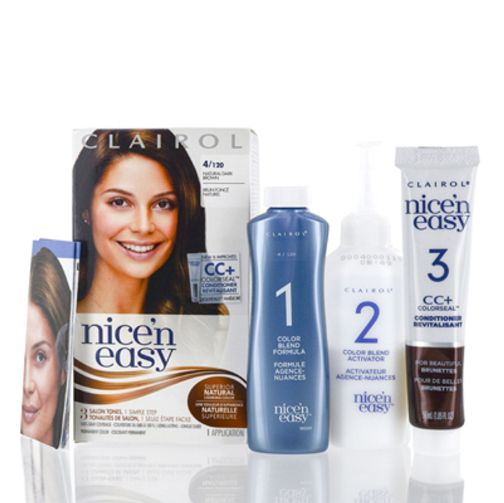  NICE 'N EASY /CLAIROL SET NATURAL DARK BROWN SLIGHTLY DAMAGED COLOR BLEND FORMULA 4/120 NATURAL DARK BROWN 2.4 OZ COLOR BLEND APPLICATOR 2.4 OZ REVITALISANT CONDITIONER 1.85 OZ GLOVES 