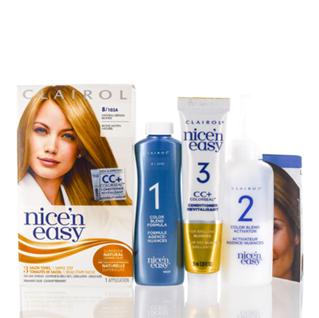  Clairol/Nice 'n easy 8/103a ערכת תערובת צבעים טבעית בינונית בלונדינית 8/103a טבעית בלונדינית בינונית 2.4 גרם מוליך תערובת צבעים 2.4 oz מרכך מרכך מחייה 1.85 oz כפפות