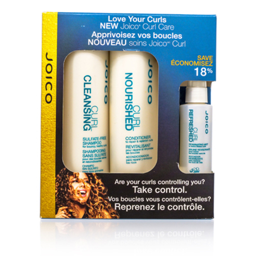  Joico curl/joico take control setti joico curl ravittu shampoo 10,1 oz joico curl ravittu hoitoaine 10,1 oz joico curl virkistynyt sumuspray 1,7 oz näyttölaatikossa