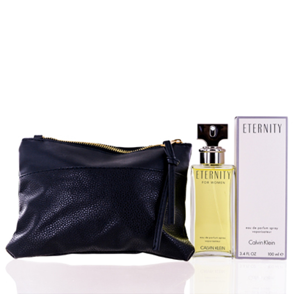  ETERNITY/CALVIN KLEIN SET (W) ETERNITY EDP SPRAY 3.3 OZ FAUX LEATHER ZIP CLOSURE CLUTCH BAG - BLACK 